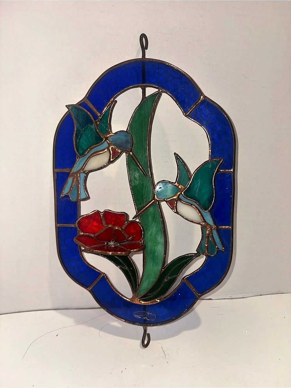 Stained Glass Hummingbird Floral Panel in Blue & Green - Suncatcher - Vintage